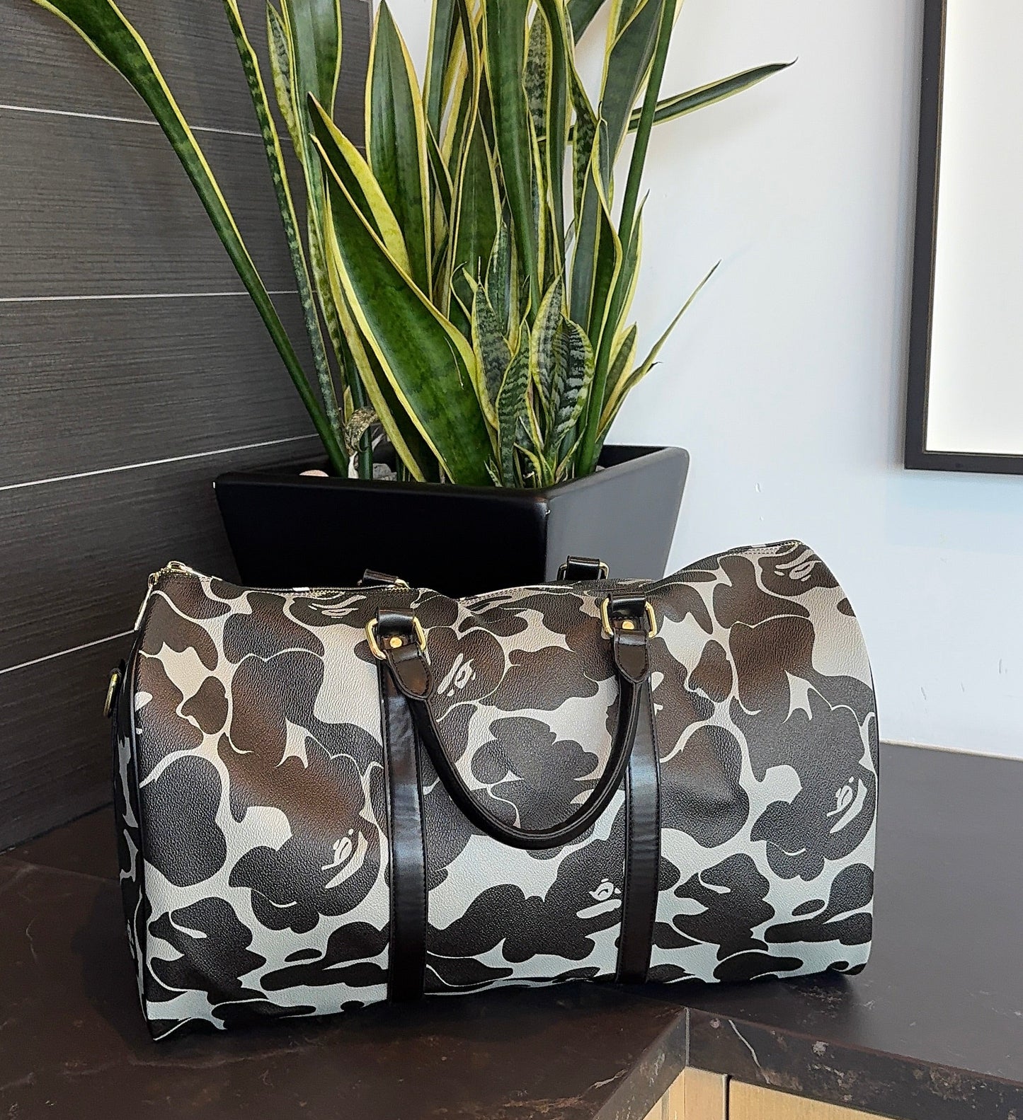 Grey & Black Camo LEATHER Duffel
